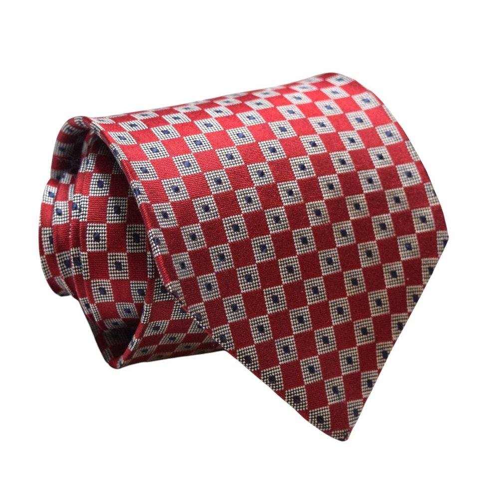 Vintage 90s Brooks Brothers Basics XL Silk Tie Red Silver Check Geometric USA